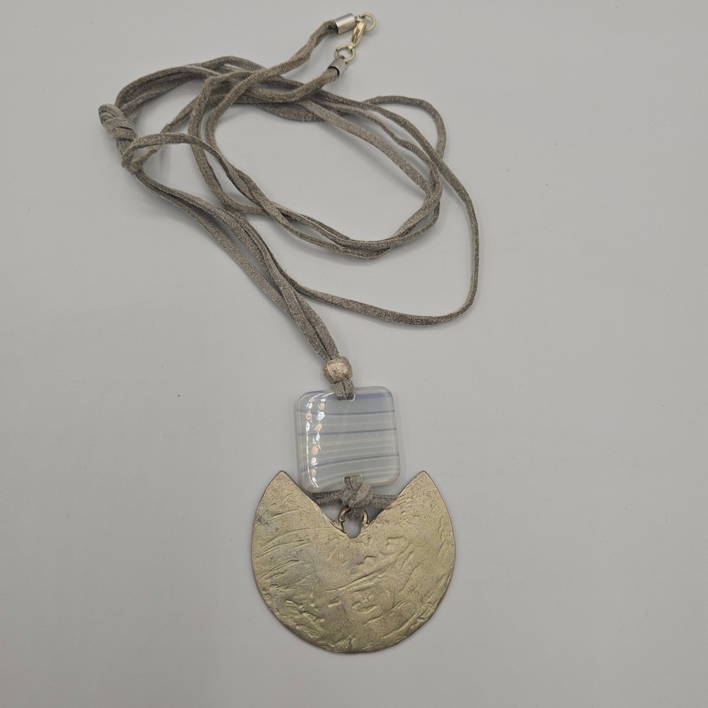 Handmade Pendant Necklace Gray Glass Metal Suede Cord Geometric Boho